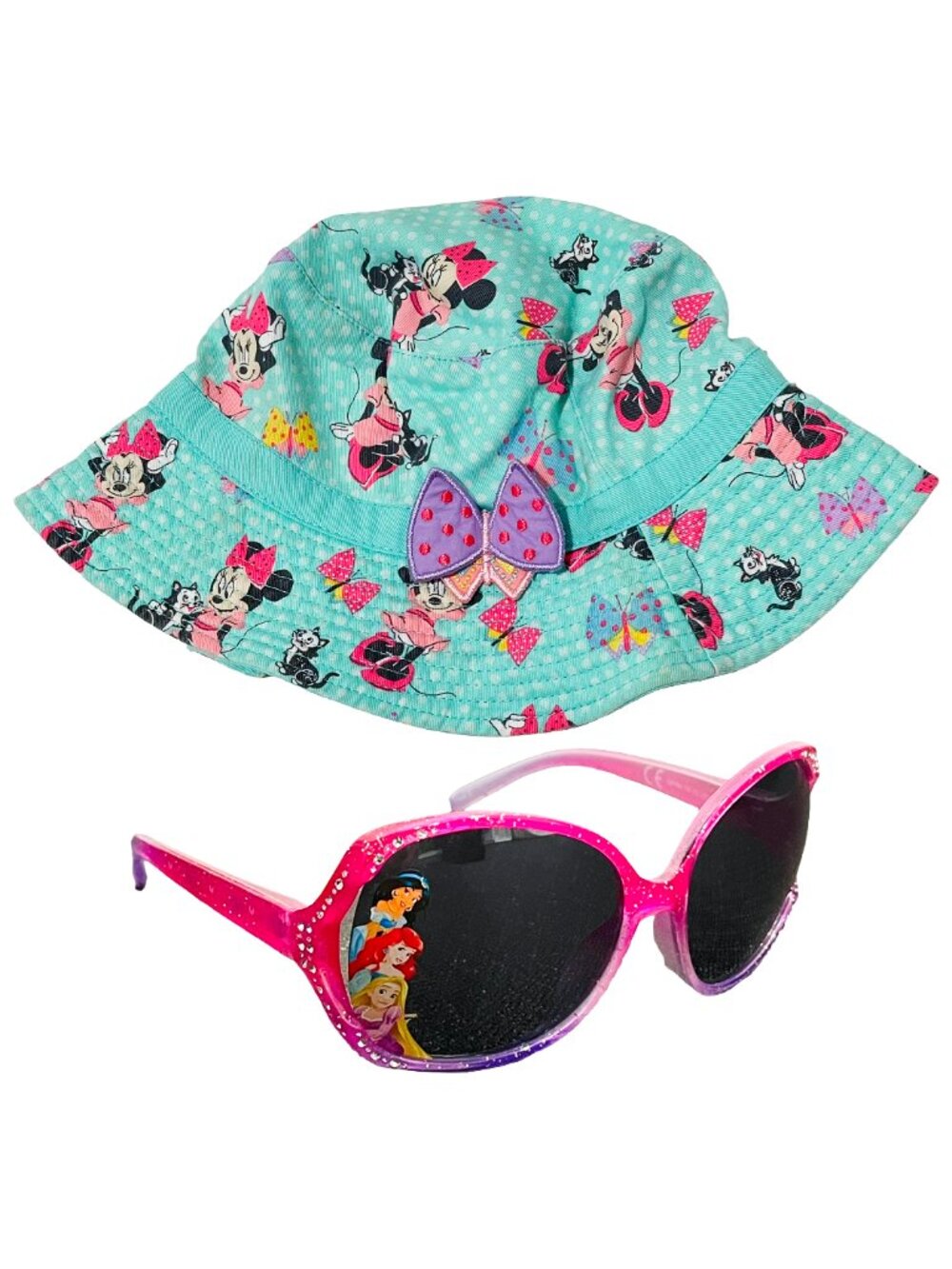Girls Disney Minnie Mouse Bucket Sun Hat + Princess Sunglasses 52cm